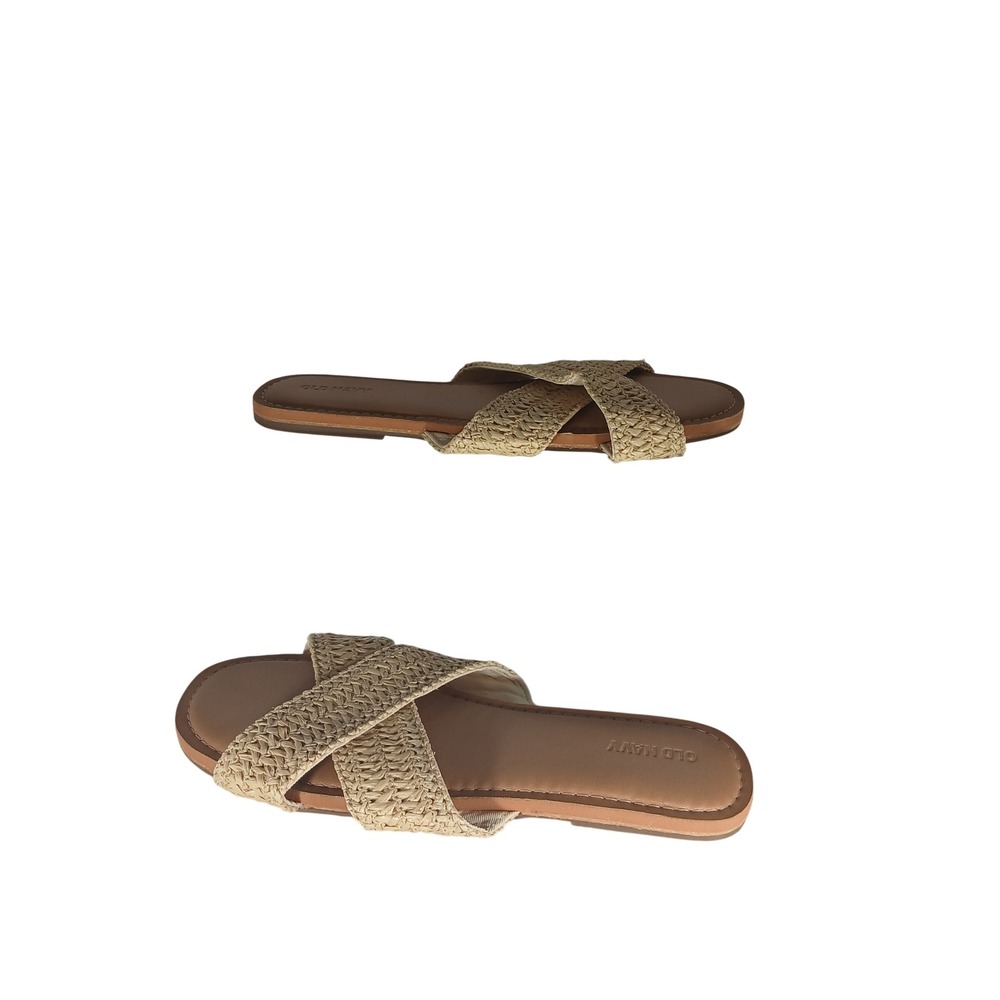Old Navy Woven Crisscross Slide Sandals 10 Tan Natural Stripe Boho Beachy Flat